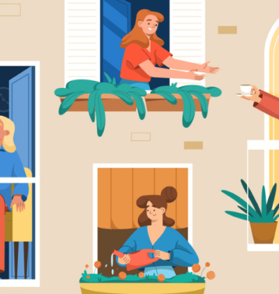 Good Neighbor Network Village Mindset. House facade with neighbors in open windows and balconies. Happy people look out of window sharing cup of coffee, books and young girl watering plants. Good neighborhood communication and relationship — Vector