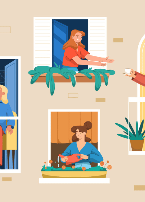 Good Neighbor Network Village Mindset. House facade with neighbors in open windows and balconies. Happy people look out of window sharing cup of coffee, books and young girl watering plants. Good neighborhood communication and relationship — Vector