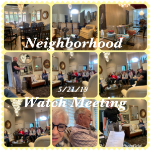 Sue Kendall Neighborhood Watch Meeting 5/21/19 - a collage of snapshots from a meeting